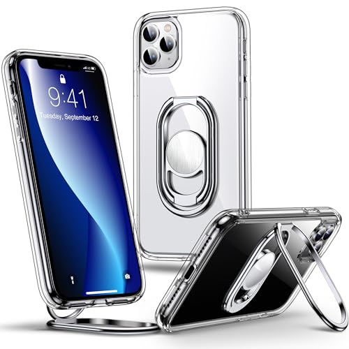 SHIELDS UP for iPhone 11 Pro Max Back Cover with Stand, Phone Case Clear with Double Ring Holder [Adjustable & Foldable] Shockproof Protective Cover for iPhone 11 Pro Max 6.5 inch - Clear