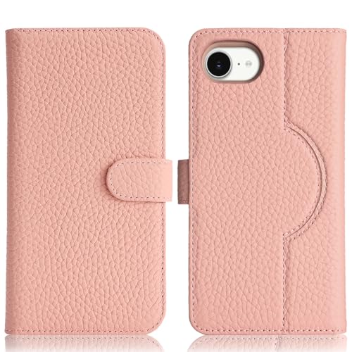 Image of Detachable Genuine Leather Case for iPhone 16e / iPhone 17e Wallet Case Magnetic 2in1 Removable Flip Cover Book Purse Compatible with Magsafe Charging Kickstand Card Holder-Pink