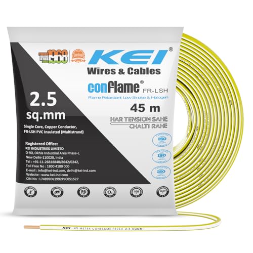 Image of KEI CONFLAME FRLSH 2.5 sqmm 1 Core Copper Heat Resistant Flame Retardant Low Smoke & Halogen - Lead Free House Wire for Domestic & Industrial Electrical Wiring (Yellow, 45 Meters)