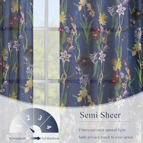 Image of Schweek Boho Curtains 2 Panels 96 Inches Long for Living Room Navy Blue | Cotton Linen Vintage Floral Printed Patterned Long Curtain, Farmhouse Western Drapes for Bedroom, Dining Room Office 52 inchx96 inch