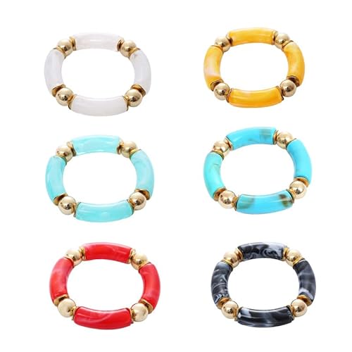 Bamboo Tube Beaded Acrylic Bangle Bracelets Gold Plated Colorful Chunky Curved Tube With Gold Pieces Beads Stretch Bracelet Friendship Summer Beach Jewelry For Women-B Blue #TOP1