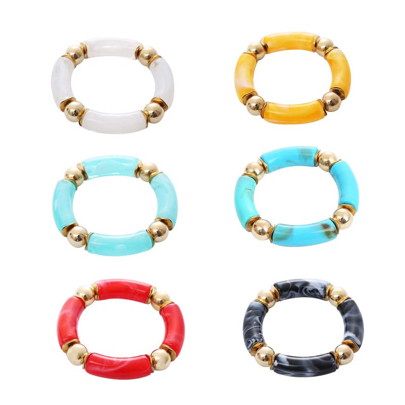 Bamboo Tube Beaded Acrylic Bangle Bracelets Gold Plated Colorful Chunky Curved Tube With Gold Pieces Beads Stretch Bracelet Friendship Summer Beach Jewelry for Women2