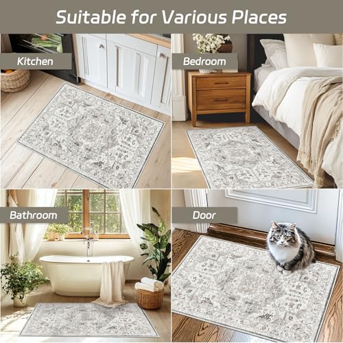Madane Washable Area Rug 2x3, Small Entryway Rug Non-Slip Vintage Door Mat Indoor Entrance, Low Pile Floor Carpet for Inside Front Door Bedroom Kitchen Entry Laundry (2'x3', Ivory/Brown)