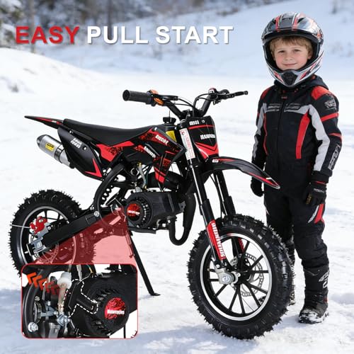 Image of 49CC 2 Stroke Dirt Bike, Gas Motorcycle for Kids, Moto De Gasolina para Ninos with 10 Inch Off Road Tires, Shock Absorption & Front Rear Disc Brakes, Up to 25 Mph, 330 Lb Load (Red)