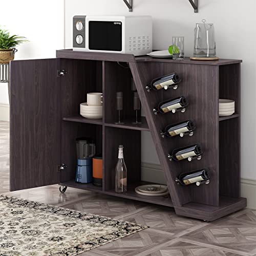 Bar Cabinet Kitchen Cart On Wheels With Storage Accent Cabinet Movable Wood Buffet Server Cupboard With 1 Door And 5 Wine Racks For Home Office， Espresso #TOP2