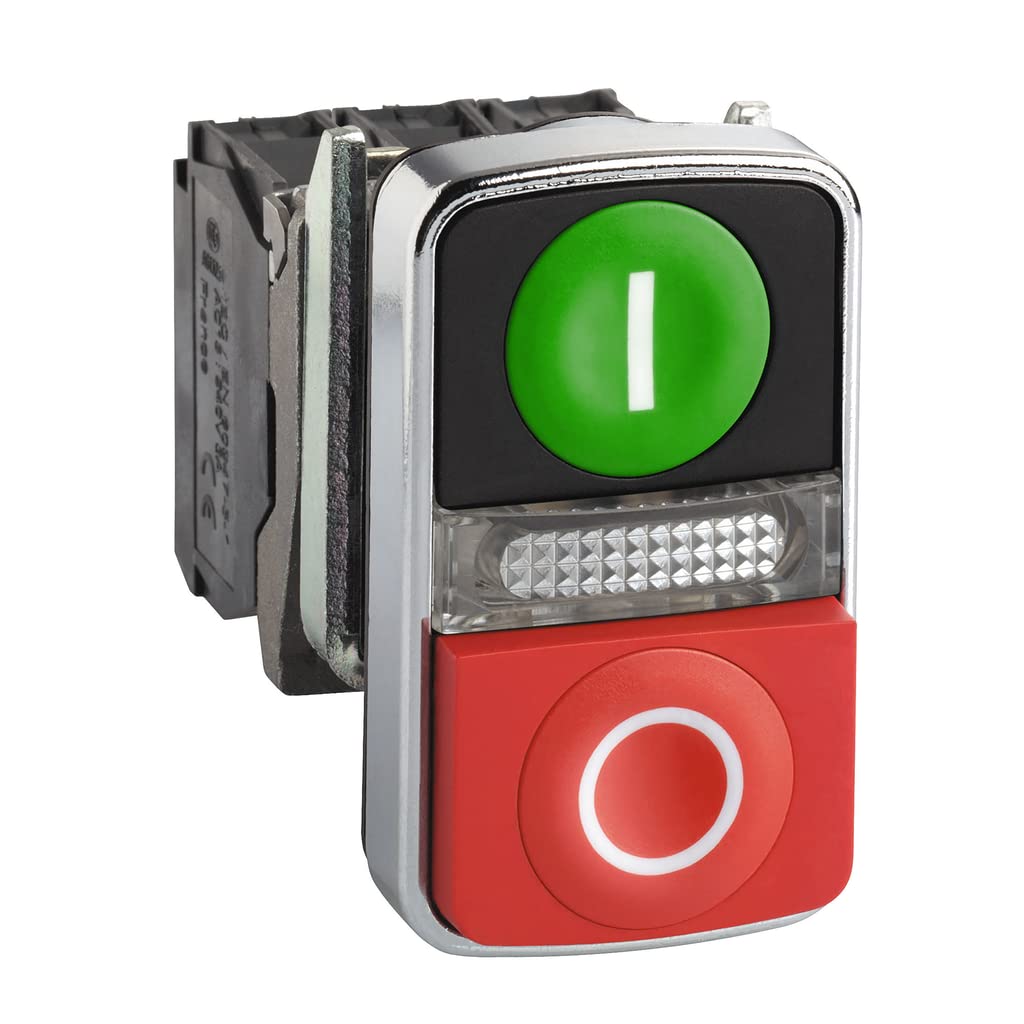 Schneider Electric XB4BW73731B5 Pulsador Diámetro 22, Dos Accionadores, Retorno Resorte, Luz Blanca, 24 V- IP66, Verde y Rojo
