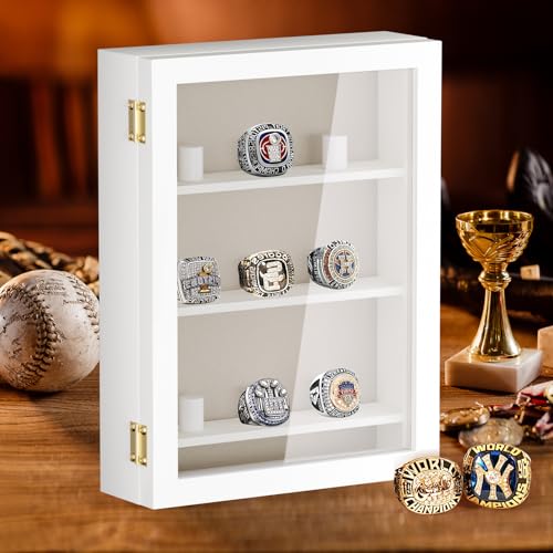 Image of TJ.MOREE 9 Rings Championship Ring Display Case 8x10 Wall Mount Wooden | Shadow Box with Locks to Show Sport, Class, Fraternity, and Award Rings, White