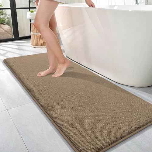 Image of OLANLY Thick Memory Foam Bathroom Runner Rugs 47x17, Extra Soft Absorbent Long Bath Rug, Quick Dry Bath Mats, Non-Slip, Machine Washable Mat for Bathroom, Tub and Shower, Home Decor Accessories, Tan