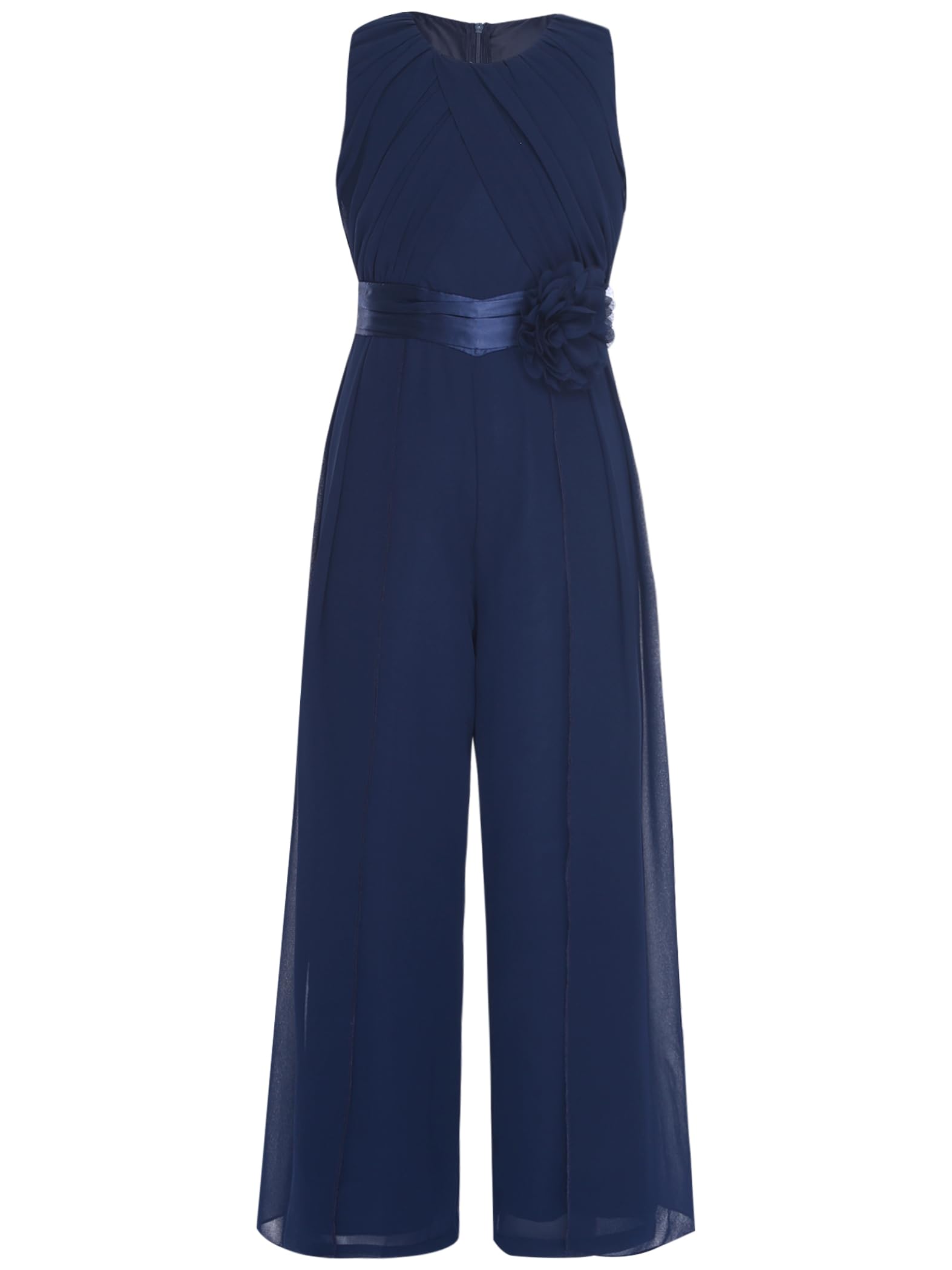 Mädchen Jumpsuit Festlich Overall Elegant Hosenanzug mit Blumen Taillengürtel Weites Bein Hose Festlich Hochzeit Geburtstag Party Outfits Marine Blau 146-152