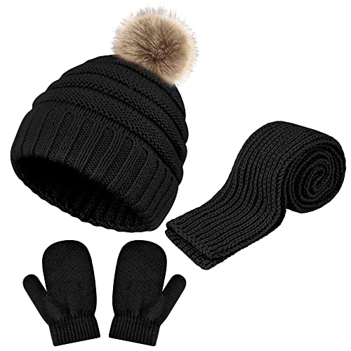Image of Hicdaw Kids Winter Hats Gloves Scarf Set Baby Mittens Gloves with Pompom Baby Winter Hat Toddler Beanie Hat for Boy Girl