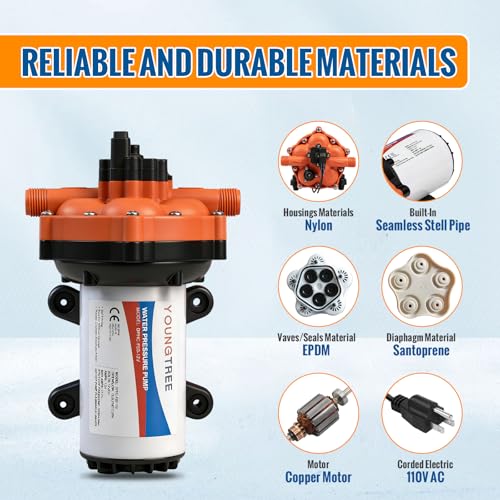 Image of YOUNGTREE 55-Series 110V AC Fresh Water Diaphragm Pump 7GPM 70PSI 110volt 5-Chamber Water Pressure Washdown Pump On Demand with Pressure Switch for Irrigating, Home, Sprinkler, RV, Marine
