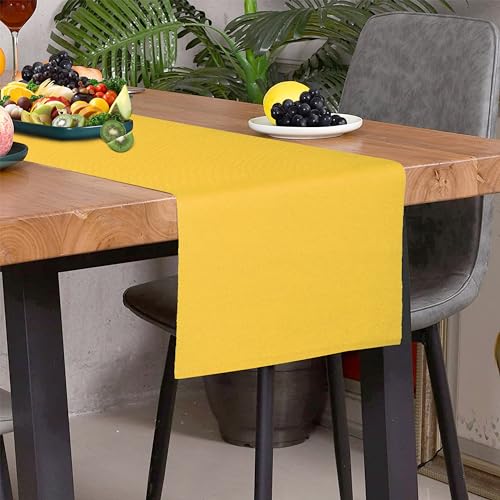 Image of HOME COLORS.IN Solid Color Texture Ribbed Cotton Table Runner for Dining Table, Teapoy, TV Table, Coffee Table, Center Table - Modern Dining Room - Table Decor Runner - 14 x 52 Inch - Yellow
