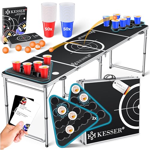 KESSER® Beer Pong Set de table avec jeu de cartes à boire – Avec 100 gobelets (50 rouges et 50 bleus), 6 balles + règles Jeux de fête Table réglable en...