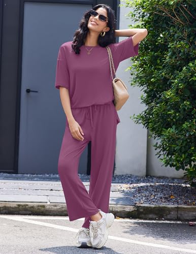 Image of Ekouaer Lounge Sets for Women Short Sleeve Tops and Long Pants Soft Comfy Pajamas Set 2 Piece Outfits