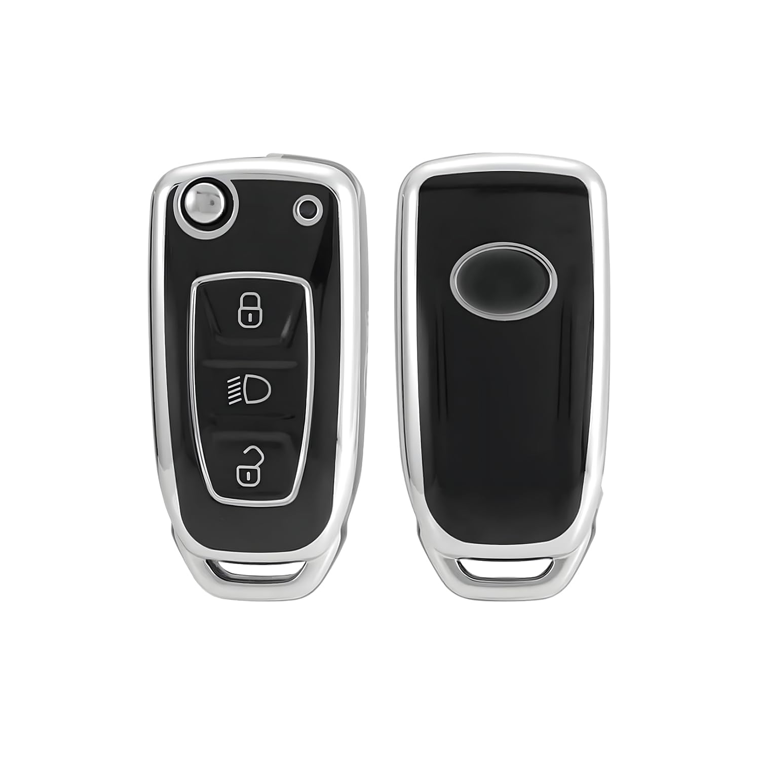 AUTOFRILL TPU Car Key Cover for Tata Nexon | Altroz | Tiago | Punch | Harrier | Safari | Tigor | Hexa | Zest | Bolt 3 Button Flip Key Cover (Black-Silver)