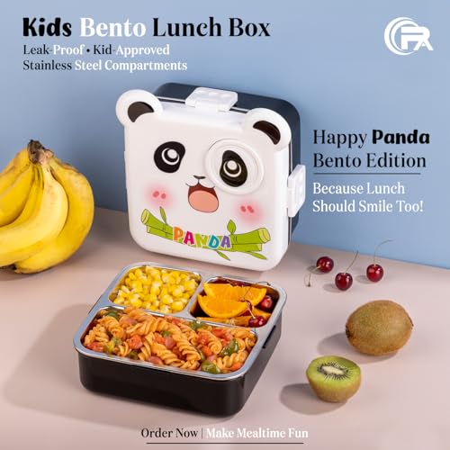 Image of Primalite Kids Panda Theme Stainless Steel Bento Lunch Box for School, 3-Compartment, Sauce Jar & a Spoon, Leak-Proof with Seal Ring Design & Multiple Lock-Design Tiffin, Air-Tight- 1100ML- White
