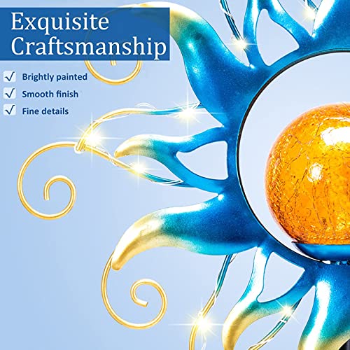 Kacux Solar Garden Metal Sun Lights Decor, Golden Blue Stake Lights Decorative With Vine String Shining Led Lamps Decorative Metal Art Sun Sculpture Crackle Glass Globe Outdoor Lawn Yard Ornament #TOP2