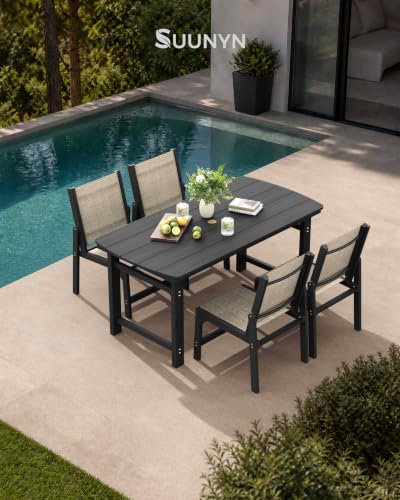 Image of HDPE Outdoor Patio Dining Set with Table & 4 Stackable Armless Textilene Chairs, All-Weather 5-Piece Dining Table Set with Umbrella Hole, Patio Furniture for Garden, Poolside, Backyard, Deck | Black