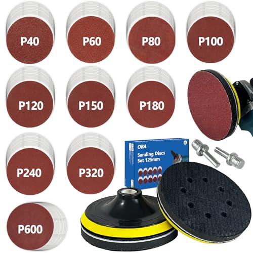 100 Disques Abrasifs Pour Perceuse et Meuleuse d'angle, Ponceuse 125 mm Pour perceuse, 2 Disques Abrasifs Ronds Auto-agrippants et éponge (grains...