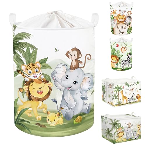 Image of Clastyle 63L Large Rainforest Animals Kid Laundry Hamper with Handle Boy Girl Bedroom Bathroom Nursery Clothes Toy Storage Basket with Lid