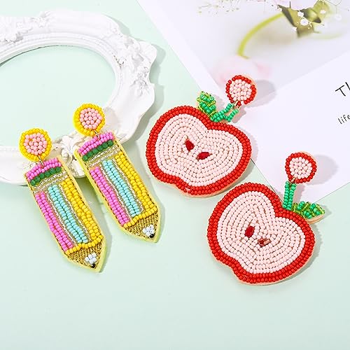 2 Pairs Teacher Earrings for Women Beaded Apple Pencil Drop Dangle Earrings Funny Back To School Jewelry Gifts for Teacher Appreciation3