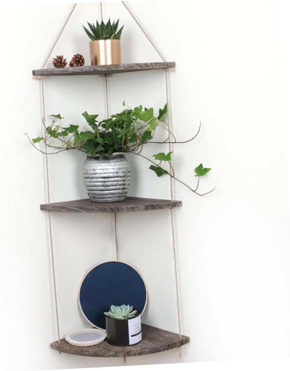 Alipis Wooden Wall Hanging Shelf Retro Storage Rack Thick Hemp Rope Wall Flowerpot Rack