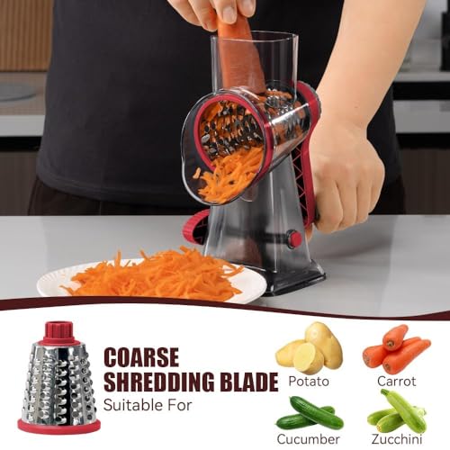 Image of KEOUKE Rotary Cheese Grater Hand Crank Transparent - Shredder Slicer Grinder 3 Stainless Steel Blades, Stable Suction, Labor-Saving Handle, Safe Kitchen Tool for Cheese, Vegetable, Nuts, Chocolate