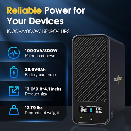 Image of GOLDENMATE 1000VA /800W Lithium UPS Battery Backup & Surge Protector, Backup Battery Power Supply with LiFePO4 Batteries(230.4 Wh), Sinewave UPS System, 10 Years Lifespan, 8 Ports, LCD Display, Gray
