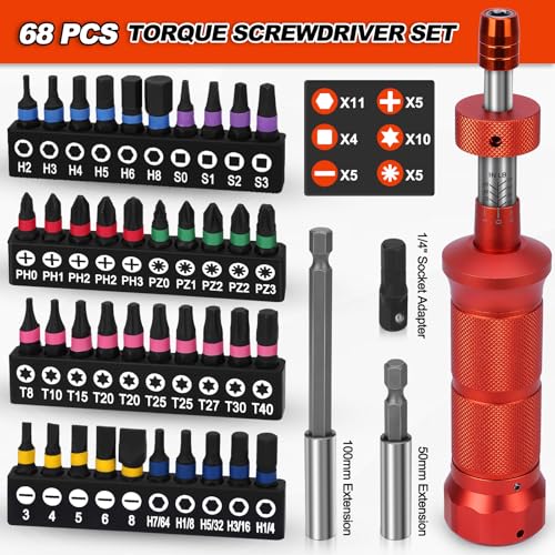 Image of 68Pcs Torque Screwdriver Wrench Set 10-70 IN.LB, Inch Pound Torque Driver | with S2 Steel Bits, 1 /4 inch Drive, Magnetic Quick-Release Adapter for Bike Repair, Mounting and Maintenance