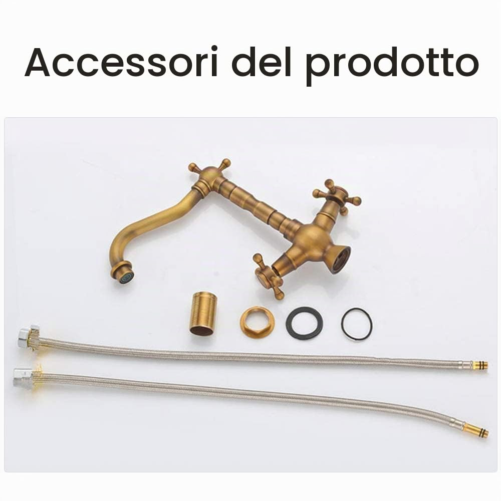 Rubinetto per lavabo in ottone antico, miscelatore retrò per bagno, rubinetto acqua calda e fredda girevole a 360°, design vintage, G1/2"