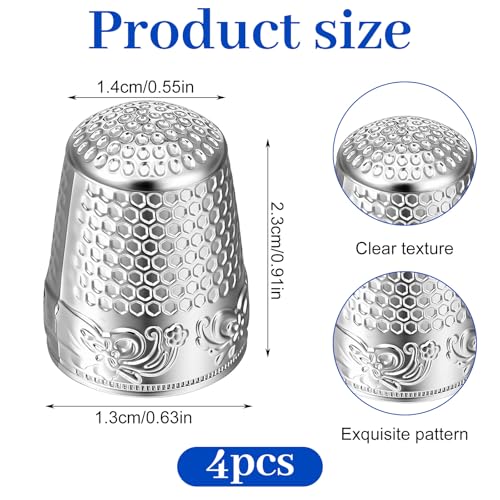 4 PCS Metal Sewing Thimbles, Thimbles for Hand Sewing Finger Protectors for Quilting, Embroidery and Knitting Needlework DIY Crafts Accessories (Silver) - Thumbnail 2