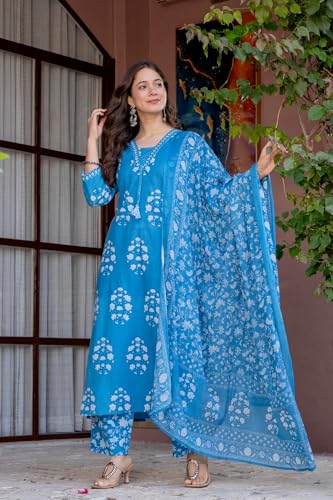 Image of PARTHVI Women's Pure Cotton Printed Straight Kurta Set with Palazzo Pants & Dupatta- Ethnic Wear, Green