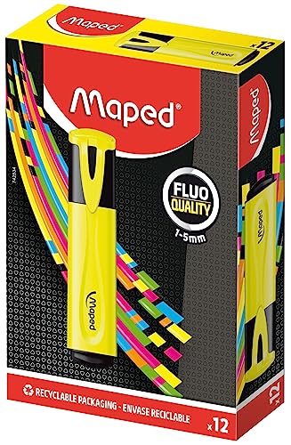 MAPED - Låda med 12 Fluo'Peps Classic Highlighters, gul färg - bländande färger för att markera dina skrifter - avfasad spets för att göra linjer från 1 till 5 mm