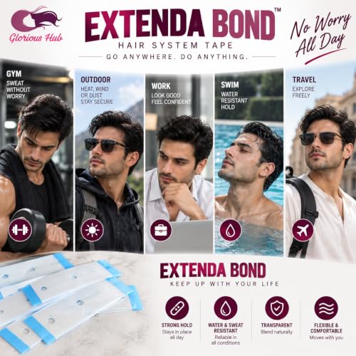Image of Extenda Bond Hair System Tape Tabs | 36 Pre-Cut Double-Sided Adhesive Strips | Strong Hold for Lace, Poly, Mono & Hybrid Patches | Professional Hair Replacement Tape |