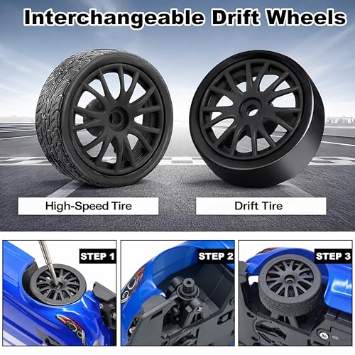 Image of 2.4GHz Remote Control Drift Racing Car Toy for Kids with LED Lights - 4WD 20Kmph RC Drifting Car with Extra Rubber Tires, Cones Barriers & Rechargeable Battery - Color and Design As Per Stock