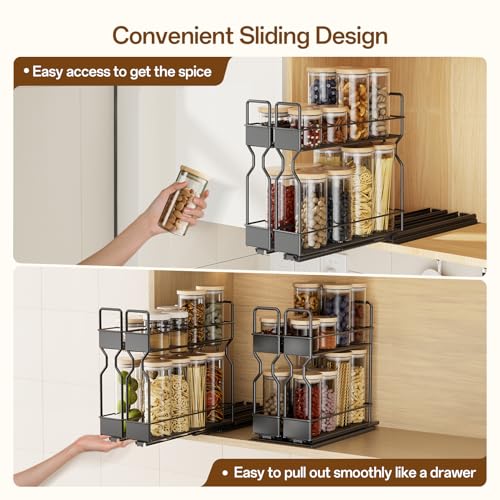 BTGGG 2 Pack Pull Out Spice Rack for Inside Cupboard 2 Tier Sliding Spice Rack Vertical Pull Out Cabinet Organiser Rack Easy to Install Metal Spice Seasoning Organiser for Kitchen Cupboard Cabinet - Image 4
