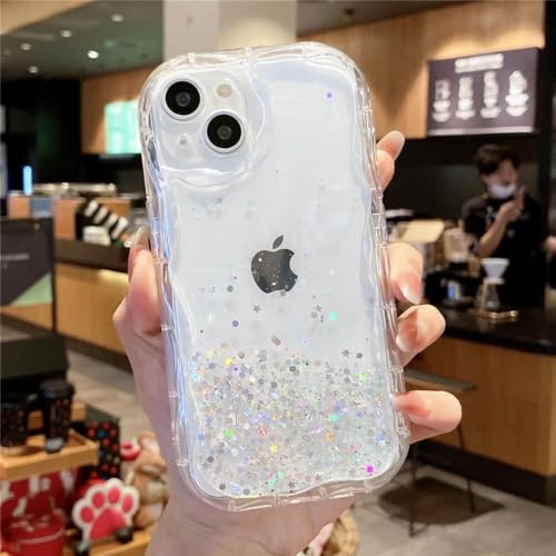 Image of KC Back Cover for Realme 13 Pro /Realme 13 Pro Plus 5G - Curly Wave Dry Fixed Glitter Shockproof Bumper Soft Silicone Case with Camera Protection (Transparent)