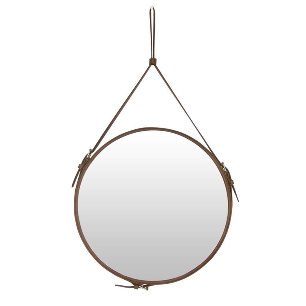 Round Mirror with Hanging Strap, Wall Mount Modern Leather Framed Mirror,Decorative Wall Hanging Mirror for Bedroom, Bathroom & Living Room