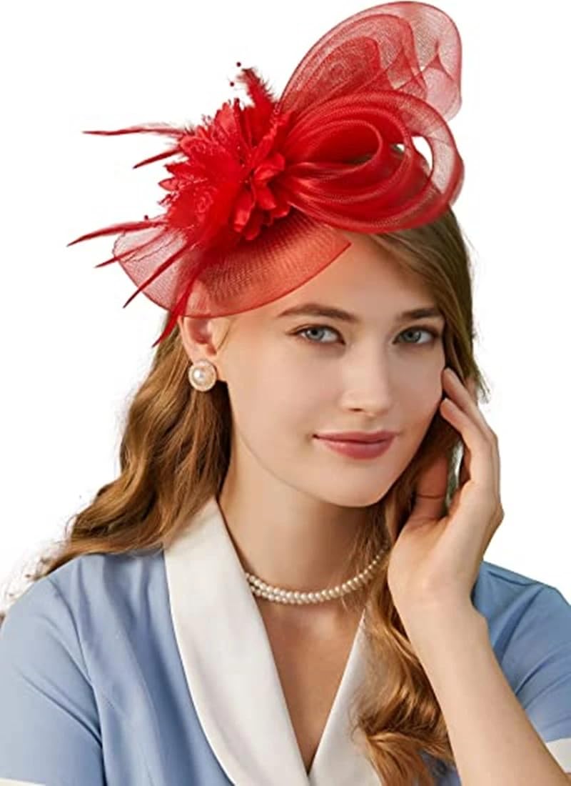 Aohhy Flower Wedding Races Party Fascinator Net Hat and Feathers Hat Veil  Net Headband Clip Ascot Derby Races Wedding (Red)