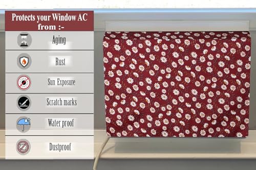Image of The Furnishing Tree Elastic fit waterproof Polyester window ac cover suitable for Croma 1 Ton, Dustproof cover for inner and outer section, In CM: (48.26x59.69x38.74), Floral Pattern Red White