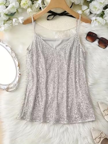 VKEGNIO Sequin Tops For Women V Neck Sparkle Shimmer Glitter Party Camisole Sparkly Club Night Disco Concert Outfits3