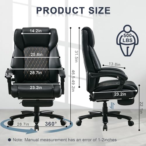 Image of Reclining Office Chair with Retractable Footrest & Adjustable Lumbar Support - 500 lbs Capacity for Big and Tall Users, Leather Executive Desk Chair for Home Office, Work, and Relaxation, Black