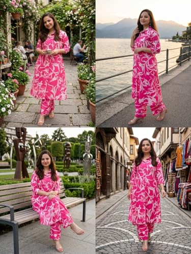 Image of Leriya Fashion Women's Cotton Printed A-Line Kurti Pant Set | Abstract Leaf & Floral Kurta with Trouser Pant | Casual Ethnic Co-ord Set for Women Stylish | Elegant Anarkali Style Tunic Kurta Set
