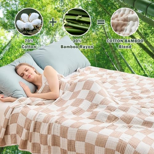 Image of EMME Cooling Muslin Twin Blanket - Checkered Lightweight Summer Cotton Blankets of Rayon Derived from Bamboo for Hot Sleepers, Ultra Soft Breathable All Season Gauze