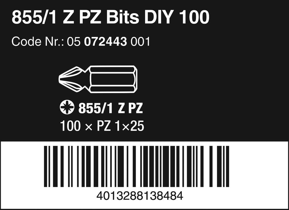 Wera, 855/1 Z DIY 100 Inserti Pozidriv, PZ 1 x 25 mm (100 Bits pro Box)