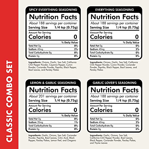 Classic Combo Pack Seasoning, Pack Of 4 (Everything, Everything Spicy, Garlic Lovers, Lemon & Garlic) - Premium All Natural & Healthy Spice Blend Herb, Spice & Seasoning Gift Set - Low Sodium Chicken, Beef, Seafood Seasoning & Steak Rub By Flavor God #TOP4