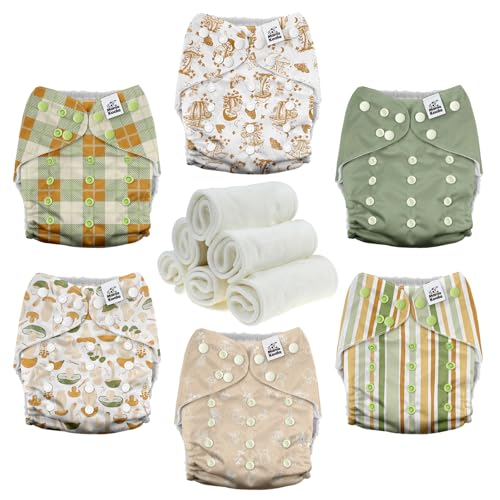 Image of Mama Koala 3.0 Cloth Diapers for Babies with AWJ Lining, 6 Pack with 6 Natural Cloth Diaper Inserts - Reusable and Washable Pocket Diapers (Mushrooms)
