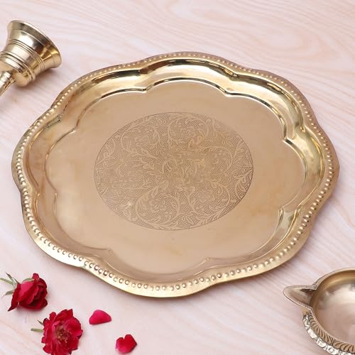 Image of Two Moustaches 11 Inches Ethnic Carved Brass Puja Thali, Traditional Pooja Aarti Thali for Home Temple, Brass Pooja Thali, Gifts for Puja Ceremony, Housewarming Gifts, Pooja Plate, Golden, Pack of 1
