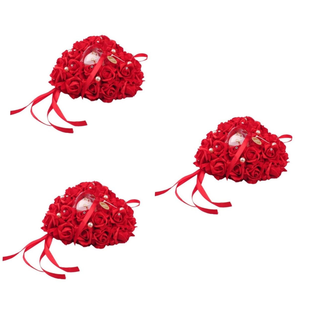 Ciieeo 3 Pièces Anneau Oreiller Porte Bague de cérémonie décorer Porte-Bague Cadeau Ribbon Rituals Faveur de Mariage en Forme de Coeur boîte de Bague réglage de la Bague la mariée Rouge