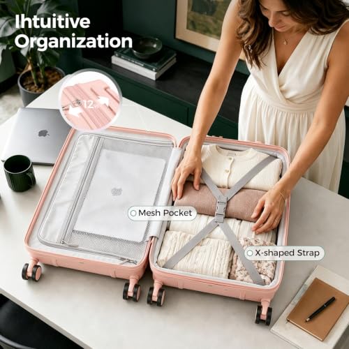 Image of Carry on Luggage Top opening Suitcases, Expandable with Cup&Phone Holder and USB Charging Port,Hardside with Front Pocket Rolling Suitcases with Spinner Wheels & YKK Zippers (Pink, 20 Inch)